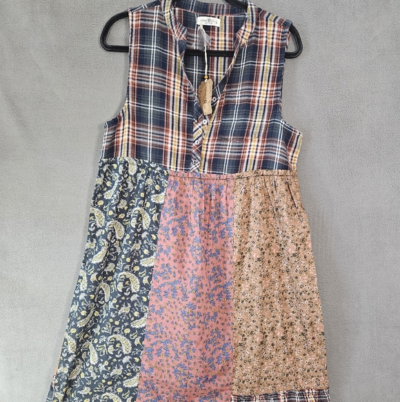 NWT Natural Life Purple Tiered Floral Tunic Dress Boho Peasant Patchwork Large - Picture 1 of 11